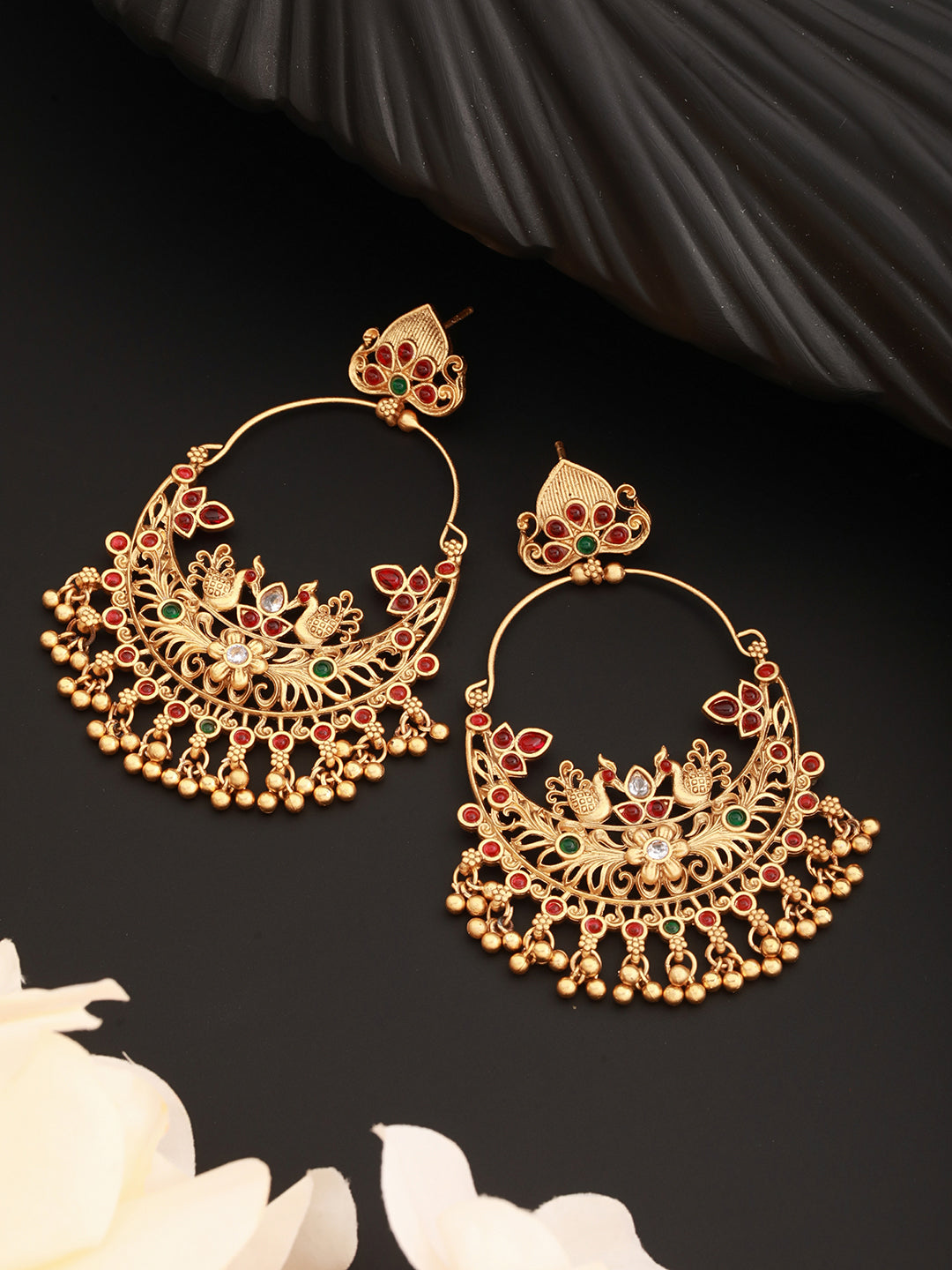 22K Gold Plated Red Stone Studded peacock Temple Chandbali Earrings